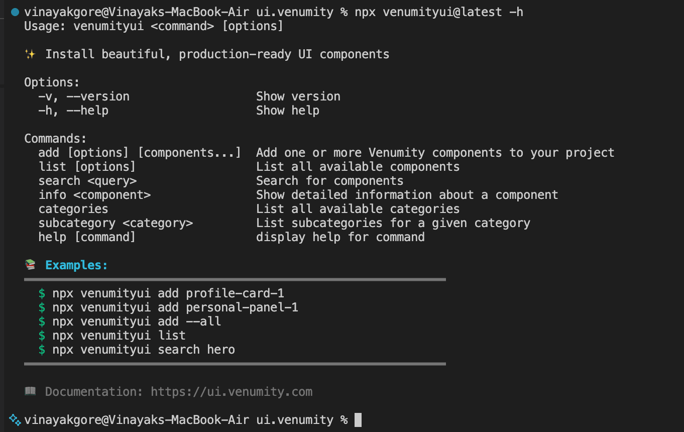 🚀 Venumity UI CLI v1.0.0 4