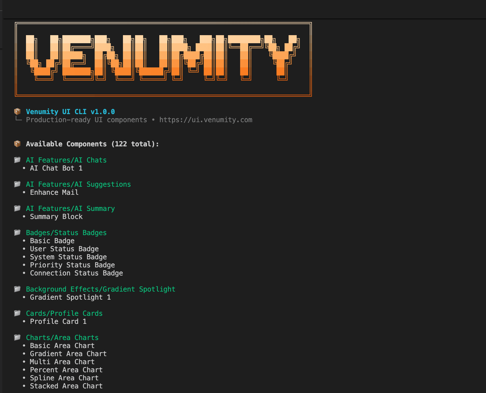 🚀 Venumity UI CLI v1.0.0 3